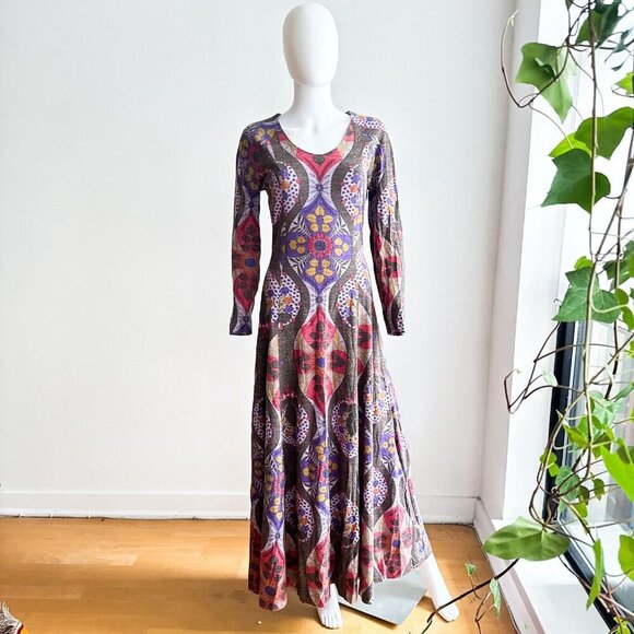 Vintage Psychedelic Print Muted Colours Long Sleeve A line Maxi Dress S - Picture 4 of 9